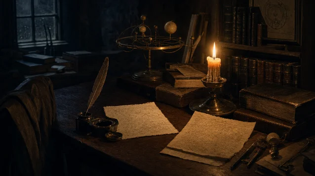 A 17th-century writing desk at night, two letters in the candlelight — the claustrophobic stillness of a mind that hadn't slept in five days