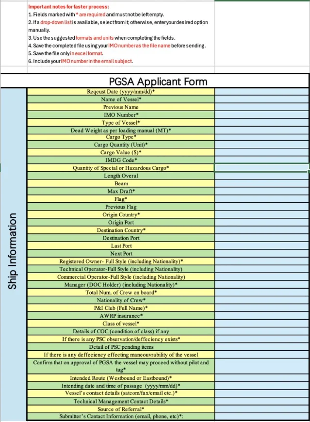 Iran's PGSA "Vessel Information Declaration" form — the 40+ question questionnaire required before transiting the Strait of Hormuz.