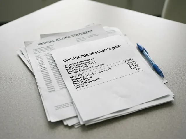 Stack of medical billing paperwork including an Explanation of Benefits (EOB) form on a desk with a pen