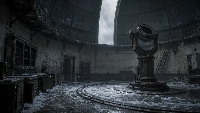 An empty circular observing chamber beneath a cloud-filled dome, with frost on the floor and a rusted telescope mount