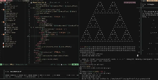 Terminal showing Brainfuck-on-CMake running: memory band viewer, code execution window, and color-coded cell tracer active simultaneously