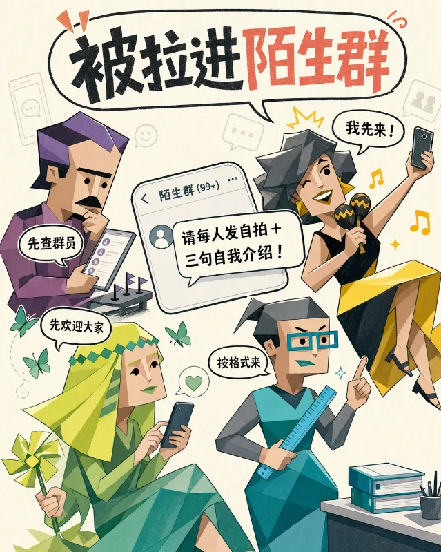被拉进陌生群，群主让你发自拍＋三句自我介绍