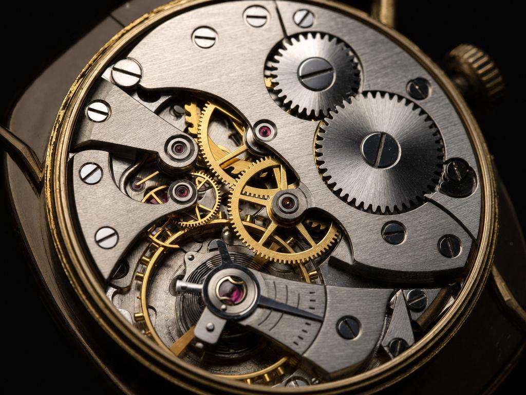 Intricate Swiss mechanical watch movement in gold and steel