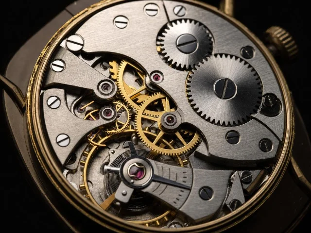 Intricate Swiss mechanical watch movement in gold and steel