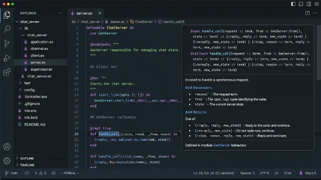 VS Code hover popup showing Elixir GenServer handle_call/3 documentation with @spec and parameter list