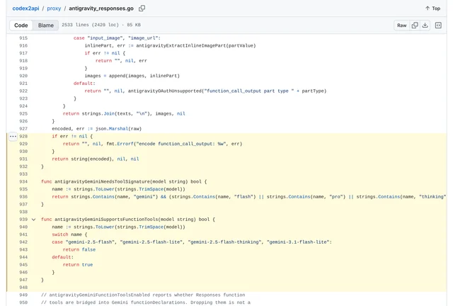 codex2api v3.1.0 的 proxy/antigravity_responses.go,第 928 到 947 行整段高亮