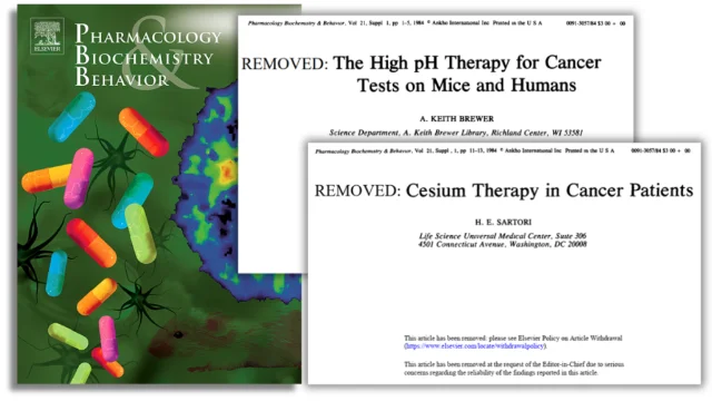 Two journal pages showing 1984 cesium cancer papers stamped REMOVED with retraction notice text visible