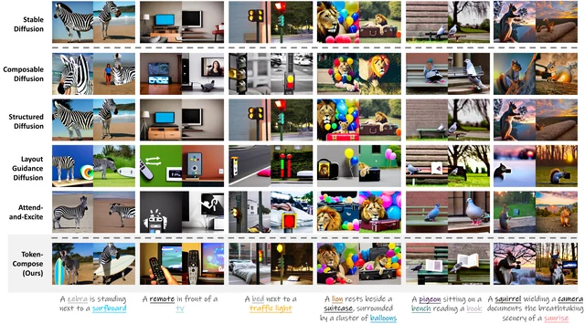 Multi-row comparison grid: Stable Diffusion and baseline methods show blurred or swapped objects across six prompts; TokenCompose row shows each object correctly isolated in its own spatial region