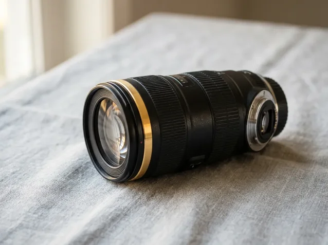 Canon EF professional zoom lens on grey linen surface, warm studio side light