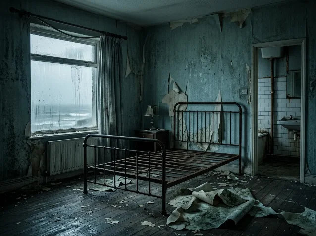 A cold, empty sea-facing room with peeling walls and a bare bed frame