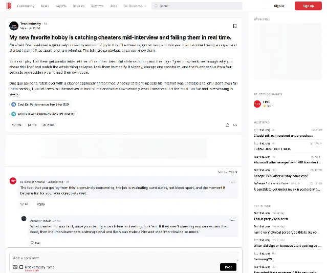 Blind post titled "My new favorite hobby is catching cheaters mid-interview and failing them in real time," showing a 4d age marker, the poster's text about asking candidates to explain and modify their solutions, counters of 149 likes, 110 comments and 7,508 views, and two comments below