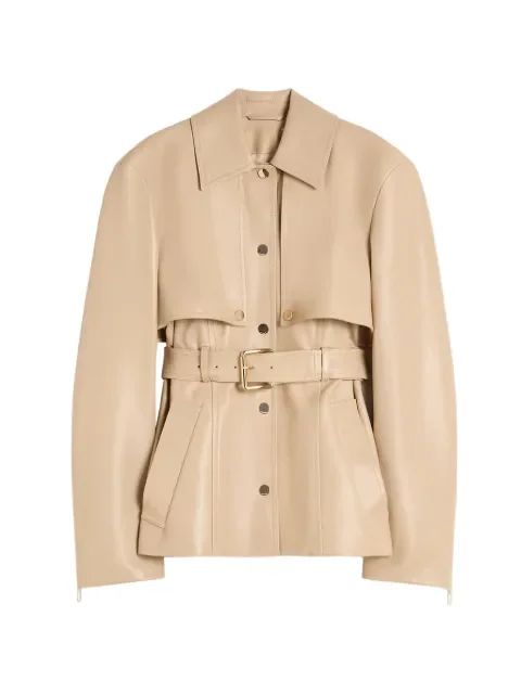 Sportmax sand-colored belted leather jacket from Farfetch SS26 sale, shown on white background — originally $2,190, down to $897 after stacked discounts