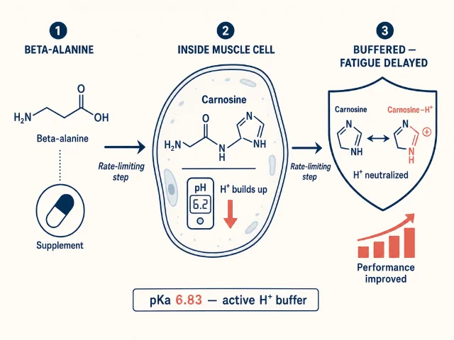 Simplified diagram of the beta-alanine → carnosine H⁺ buffering pathway inside muscle