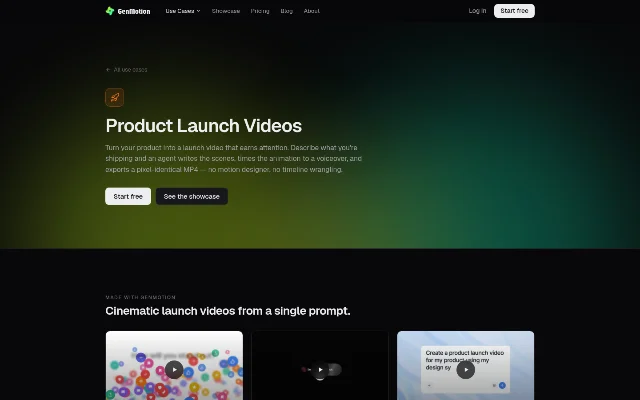 GenMotion 官网 Product Launch Videos 页面截图，展示产品发布视频用例、代理生成场景的说明和作品入口