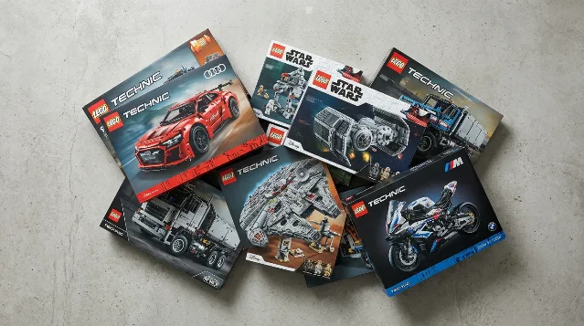 Flat-lay of LEGO Technic and Star Wars set boxes on concrete surface