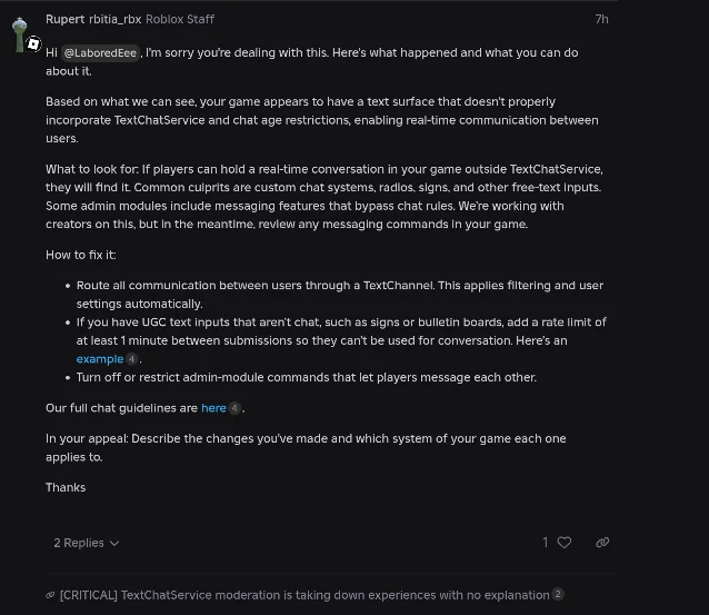 The Roblox staff reply, showing the author's title and the three fixes it lists