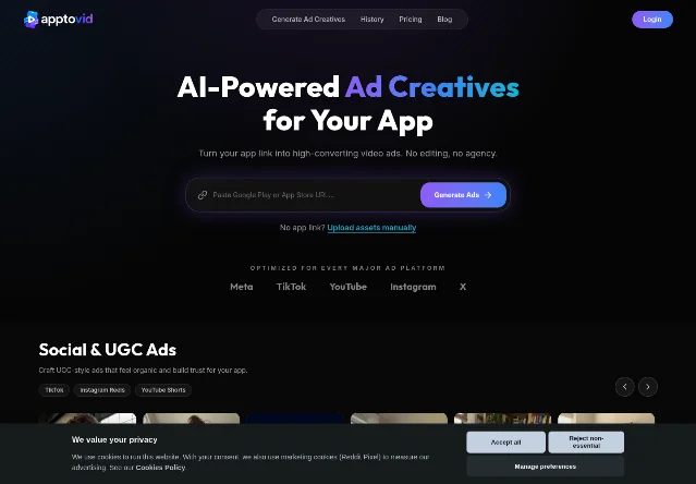 Apptovid 官网首页真实截图,展示 App 链接输入框、生成广告入口和广告模式预览