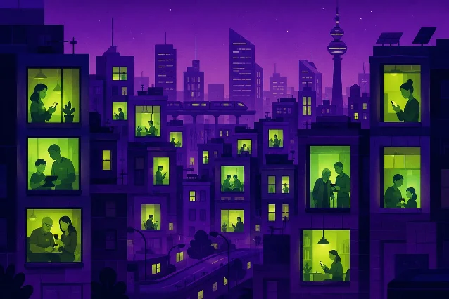 Dozens of people in lit apartment windows at night, each with a device — visualizing the scale of unmet need for expert guidance
