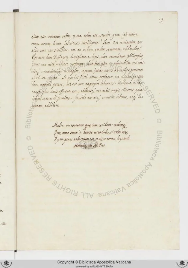 Folio 13r of Barb.lat.2119: the final page of Ferrari's treatise, with the closing lines of his argument followed by the four quoted verses from Horace's Ars Poetica in a slightly more formal hand, and the lower half of the page left blank