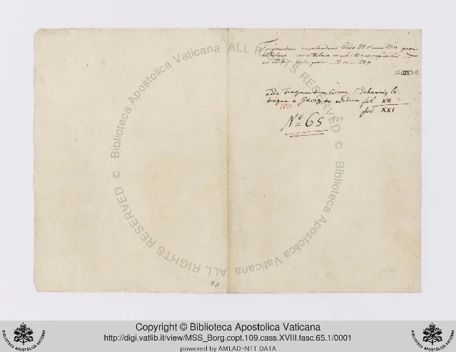 The archival wrapper of Borg.copt.109.cass.XVIII.fasc.65.1 — a yellowed paper folder bearing a 19th-century Latin note describing the contents and the handwritten numeral "Nº 65"