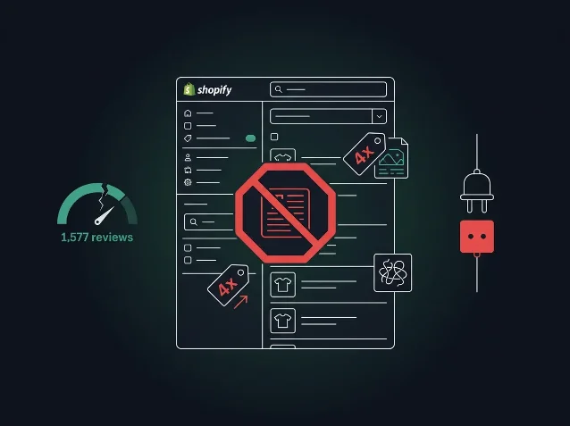 Conceptual illustration of a broken Shopify filter sidebar with no-index warning icons and a price-surge indicator