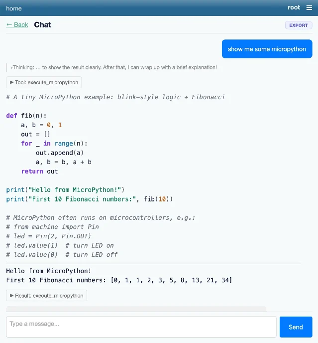 Datasette Agent chat interface showing MicroPython executing Fibonacci code in a WASM sandbox