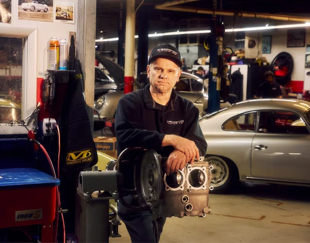Jeff Adams with a Porsche Fuhrmann Type 547 engine in his Danbury, CT workshop