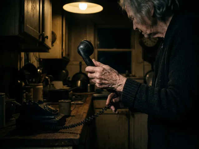 An elderly woman holds a telephone receiver in a dim kitchen at night, a single bulb overhead