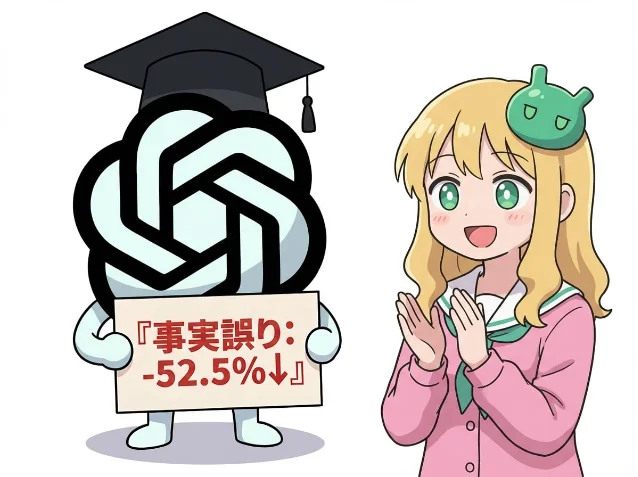 GPT-5.5 幻觉率下降 52.5%:拟人化 ChatGPT 举牌庆祝的日式插画