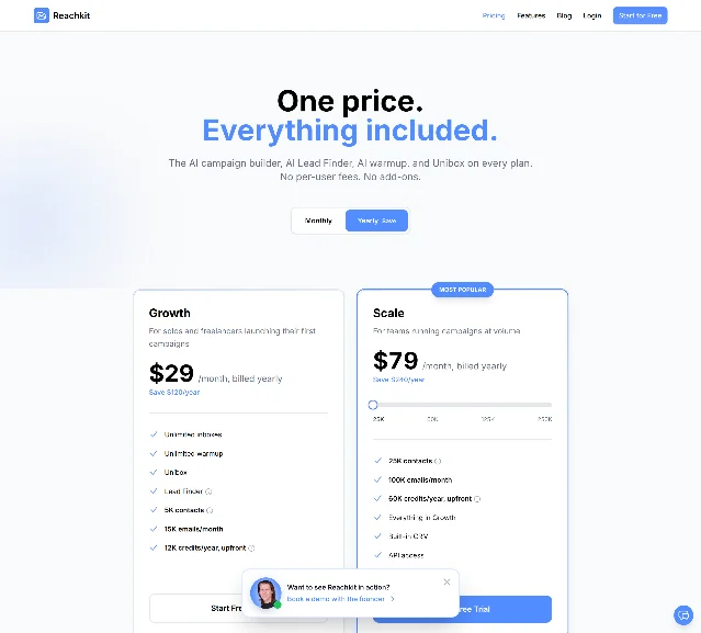 The Reachkit pricing page showing Growth at $29 per month billed yearly with a $120 annual saving, and Scale at $79 per month billed yearly with a $240 annual saving, tagged "Most Popular"