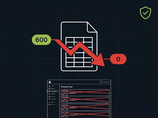 CSV file with inventory count dropping from 600 to 0, Shopify product list rows crossed out in red, green shield safeguard icon in corner