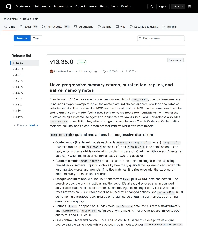 GitHub 上 thedotmack/claude-mem 的 Releases 页，最上面一条版本为 v13.35.0，标着 Latest