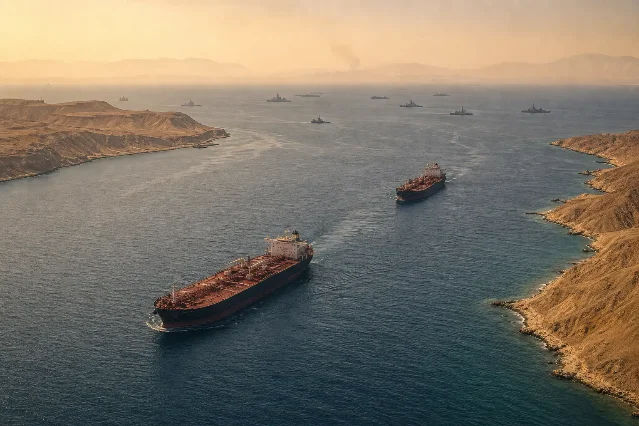 Oil tankers navigating the narrow Strait of Hormuz, with naval vessels visible on the horizon under a hazy desert sky