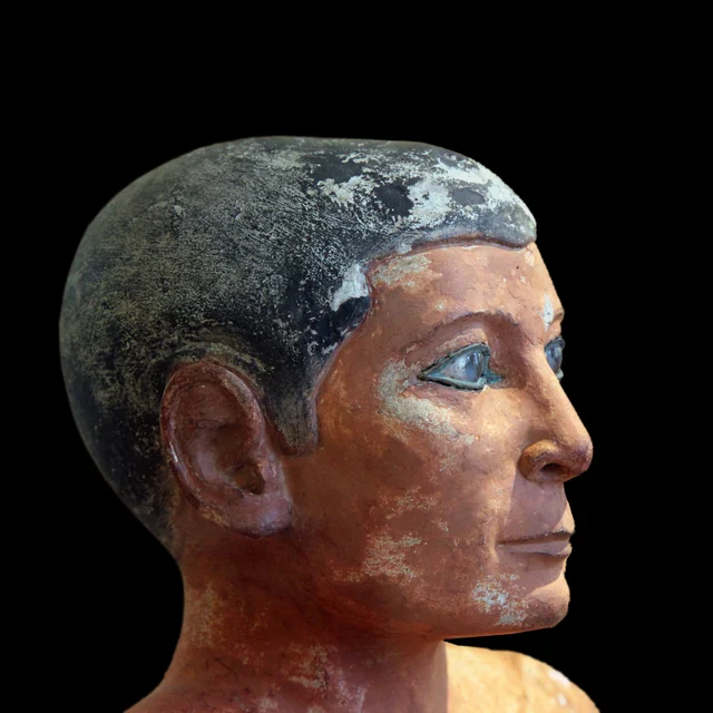 Profile view of the Seated Scribe's head on a black background, showing the three-quarter angle with copper-rimmed crystal eye and close-cropped black-painted hair