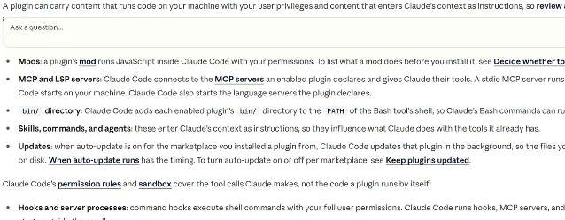 A screenshot of the plugin security page listing what a plugin can do, including the mod bullet and the bin directory rule, above the sentence that permission rules and the sandbox cover tool calls rather than plugin code
