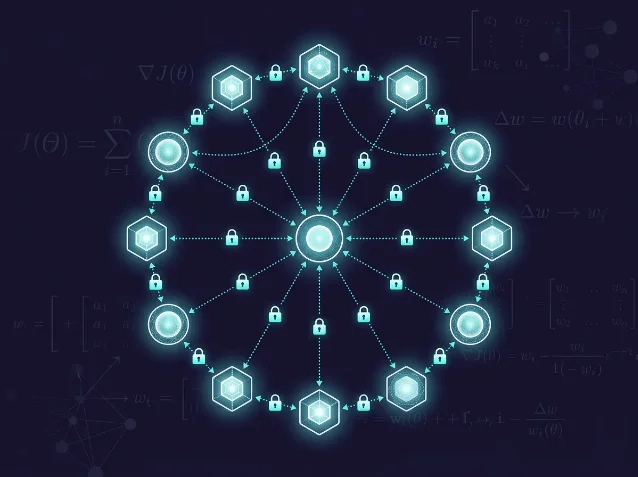 Federated network nodes connected by encrypted links, surrounded by gradient math notation