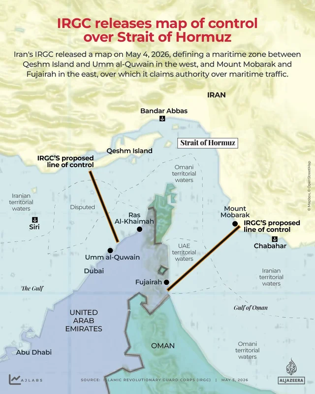 IRGC maritime control zone map published 4 May 2026, claiming waters near Fujairah and Khor Fakkan.