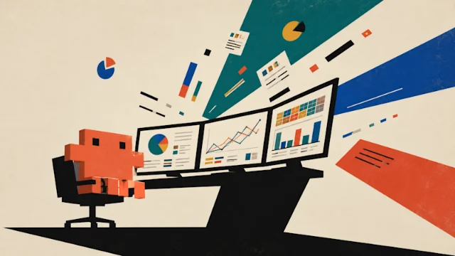 Pixel-art style illustration of an orange blocky figure at a three-monitor workstation showing charts and dashboards flying off the screens, representing Claude Code Artifacts