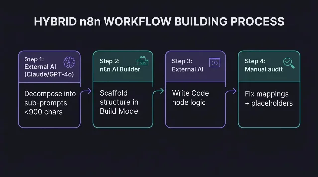 Flowchart showing 4 steps in sequence: Step 1 External AI decompose into sub-prompts, Step 2 n8n AI Builder scaffold structure, Step 3 External AI write Code node logic, Step 4 manual audit fix mappings and placeholders