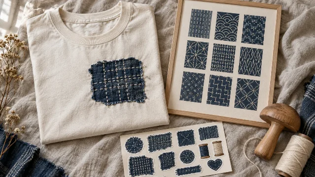 Ecru t-shirt with a sashiko-stitched denim patch, a framed chart of mending stitch patterns, and a sticker sheet of patches and thread spools on natural linen
