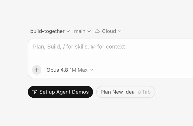 Cursor v3.7 cloud environment UI showing the branch/cloud selector and Opus 4.8 1M Max model pill