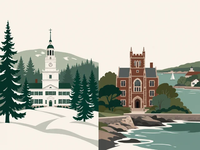 Flat editorial illustration showing a forested New England campus (Dartmouth, Hanover NH) and a coastal Providence campus (Brown, RI) — representing two newly confirmed Ivy League openings