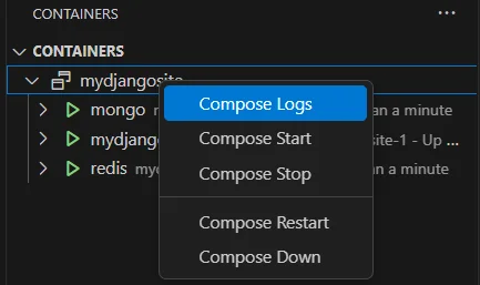Container Explorer showing the Compose Group with web, api, and db as child nodes, context menu open