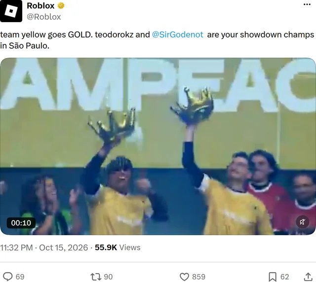 Roblox's post crowning the winners, above a video still of two players in yellow holding gold crowns overhead