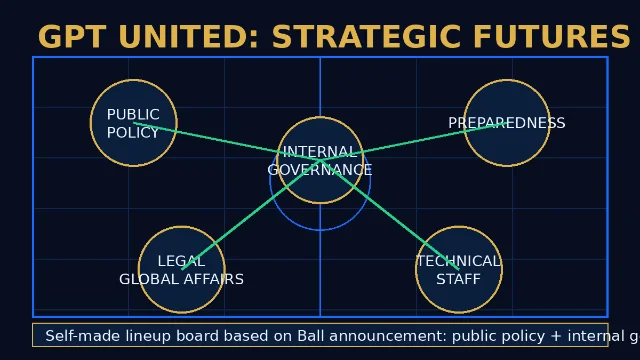 Strategic Futures lineup board showing policy, governance, preparedness, legal, and technical links around OpenAI's new team.