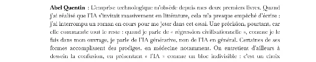 civilisation.media 页面截图:Abel Quentin 的回答段落,法文原文含「quand je parle de « régression civilisationnelle », comme je le fais dans mon ouvrage, je parle de l'IA générative, non de l'IA en général. Certaines de ses formes accomplissent des prodiges, en médecine notamment. On entretient d'ailleurs à dessein la confusion, en présentant « l'IA » comme un bloc indivisible : c'est un choix politique, qui dissuade le citoyen de faire la part des choses et réserve le débat aux spécialistes.」
