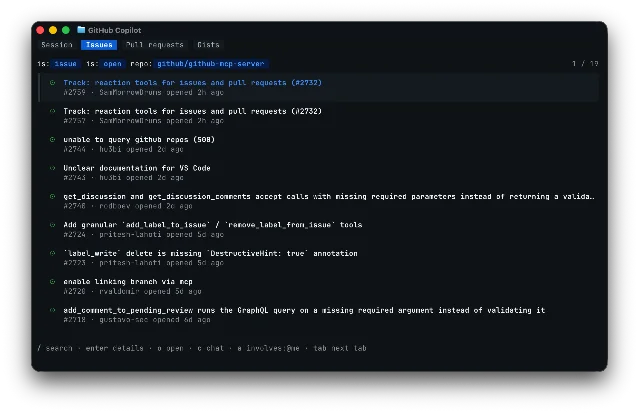 Copilot CLI terminal interface showing tabs and a list of GitHub issues