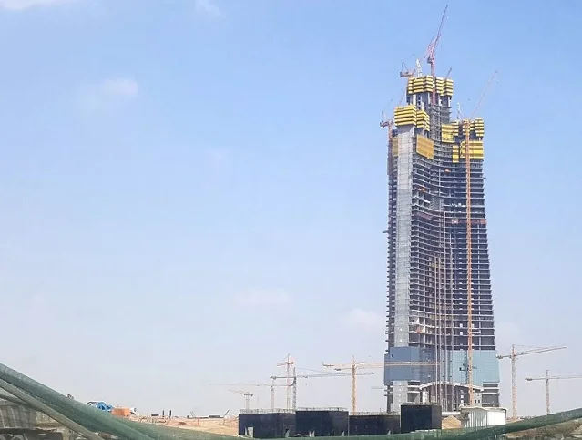Jeddah Tower at 80-plus floors under construction, March 2026, multiple cranes on site
