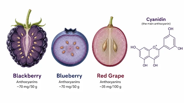 Scientific illustration: cross-sections of blackberry (~70 mg/50g), blueberry (~70 mg/50g), and red grape (~35 mg/100g) with anthocyanin labels, and the cyanidin molecular structure (bond-line diagram)