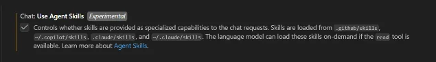 VS Code Settings panel showing "Chat: Use Agent Skills (Experimental)" checkbox enabled
